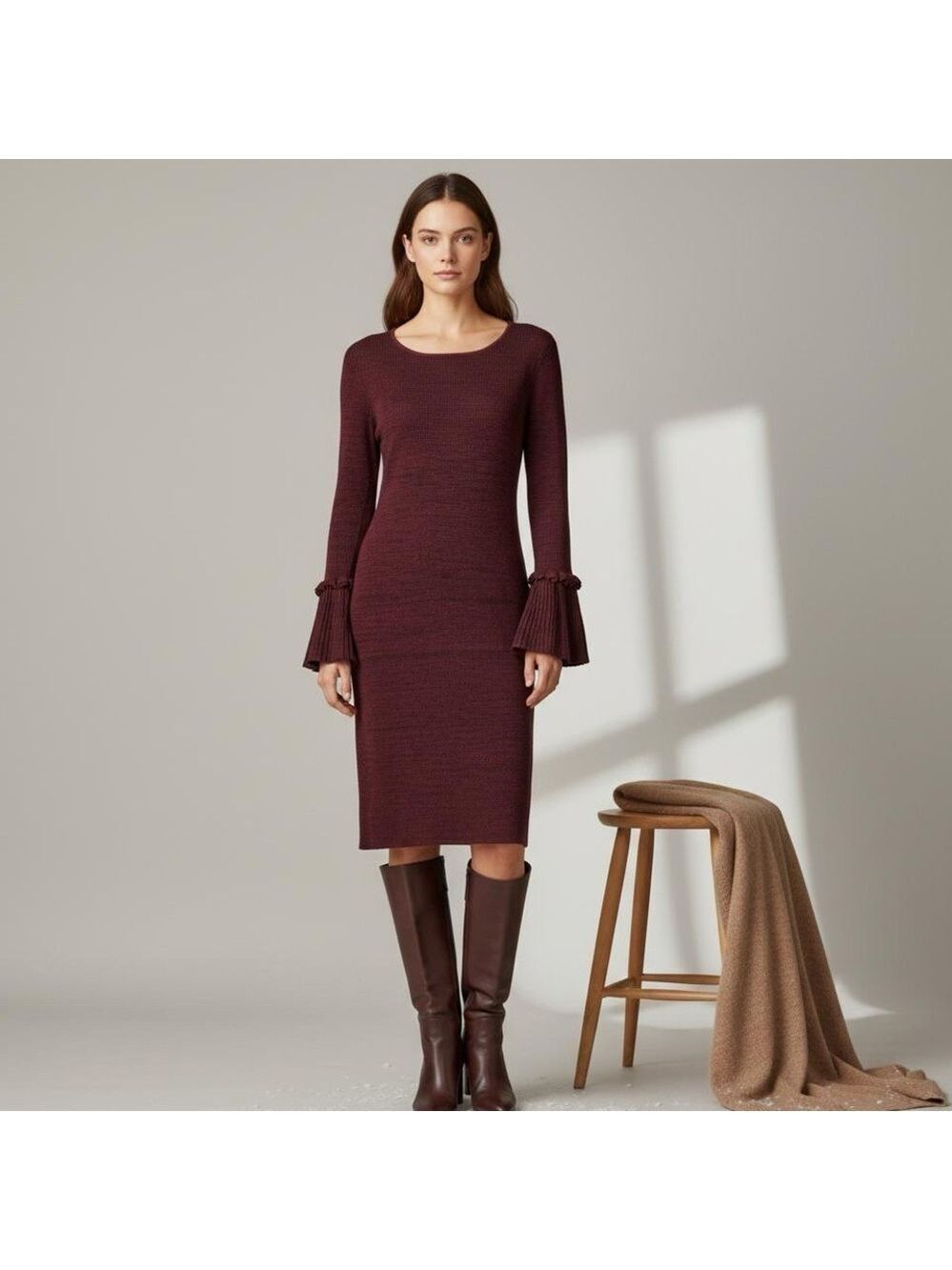 New Nina Leonard Bell Sleeve Midi Sweater Dress Wine Burgundy Ribbed Knit Sz L